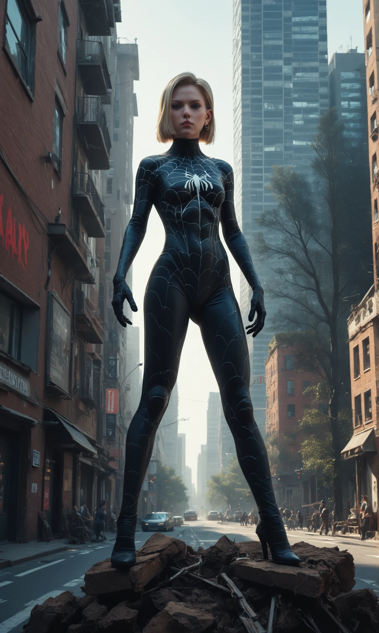 android 18, Spider-Man game character on top of the building, open legs character from Android 18 from the game Spider-Man, Standing on top of a building, legs open, detalhado, trees, 8k, vivid colors, studio lighting, physics-based rendering, realistic facial expression, detailed outfits, urban setting of a modern city in the background, soft natural light, dramatic atmosphere, science fiction concept art
