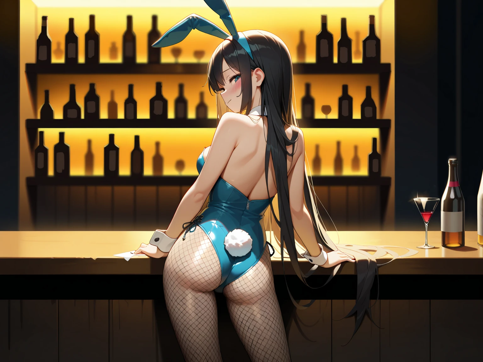 (((masterpiece,best quality,absurdres,8K,perfect body))) , ((solo,black hair,longhair, high ponytail,black eye)),((from behind,latex strapless leotard, pantyhose, looking at viewer, curvy body, wariza ,ass , wedgie)),((sitting on knees , smile)),((casino:1.6,rabbit ear))