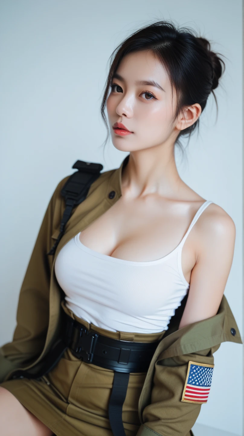 Typical detailed CG Unity 8K wallpaper，（masterpiece），（Best character details：1.36），Professional lighting， Physically Based Rendering, 1 busty girl, Female Soldiers，(Dark green military uniform，(Dark green military uniform)，Fabric texture military uniform, ，(Wear a plain white shirt under the jacket:1.25)，sit on the chair，Open legs white，(military cap，boots，Full body view，:(Have a delicate face:1.2):0.2]:，Pure love face_V1，(Huge cleavage:1.55),(Thin waist),(Smooth thighs:1.45),(Wide crotch:1.55),(I look up from below:1.55)，(，Huge breasts，Thin waist，loyal maid，Obey everything,Very obedient，付出型性格和Likeable的个性，Obedient personality、Likeable，Absolute obedience，Absolute obedience，Willing to give everything，Waiting for orders with a confident smile，((Underwear close-up),Chest close-up,
