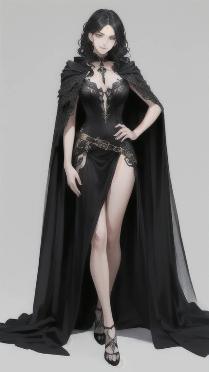sorceress, long dress, leg slit, beautiful detailed eyes, beautiful detailed lips, extremely detailed face, long eyelashes, intricate dress patterns, flowing dress, dramatic lighting, dark fantasy, moody atmosphere, cinematic composition, dramatic pose, dramatic lighting, hyper realistic, 8k, high quality, photorealistic, masterpiece, epic fantasy, fantasy art