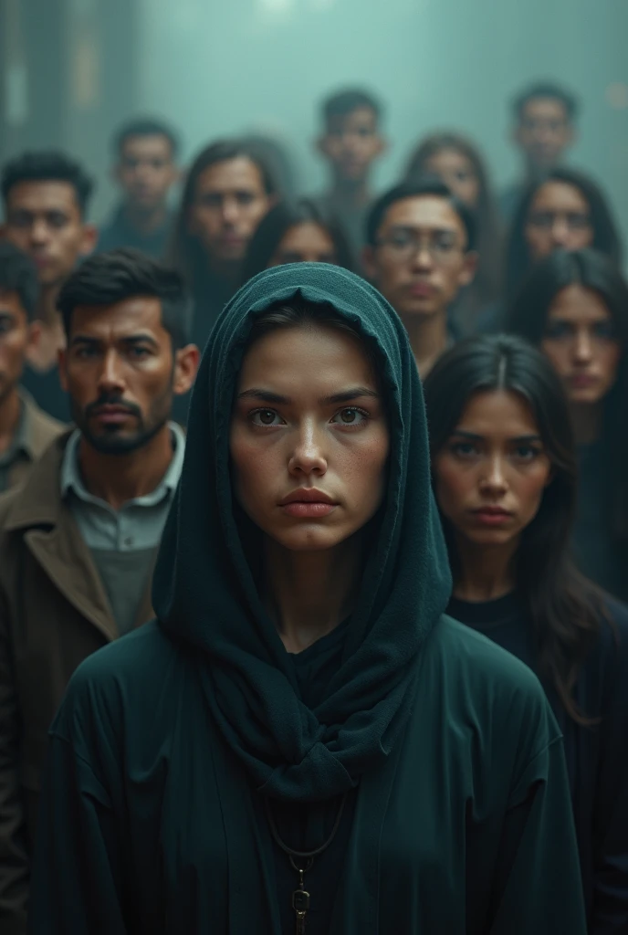 Black headscarf on a very crowded bus, black long closed coat, Sexy skinny woman sitting between 2 men. Men touching women.