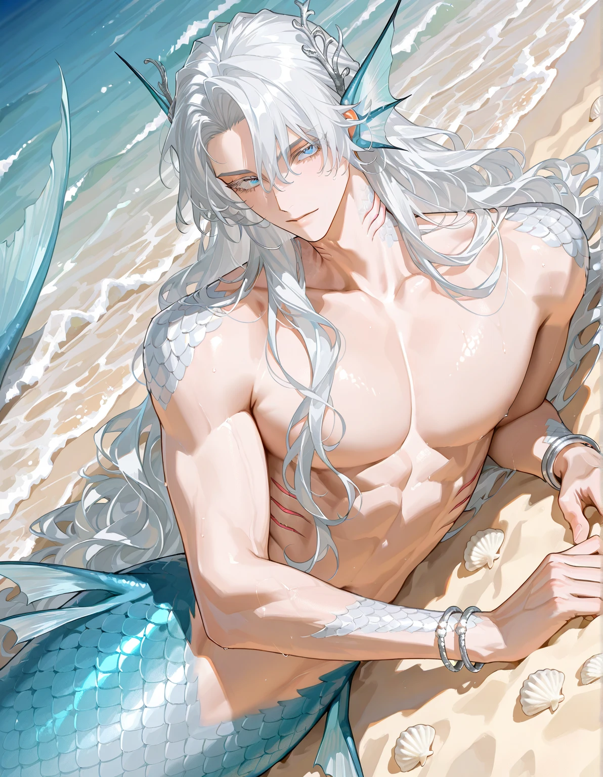 man, เป็นman, เป็นman face, charming, stalwart, (((1man))), Masterpiece, nonsense, best quality ,complicated details , (Shiny skin, shiny body, Shiny skinวาว, shiny hair, pale skintman), sunset, charming, ((stalwart)), adult, man, earring, Don't look at the view.. , Not looking at the view., silver hair, braided hair, Perfectly detailed face, perfect detailed hands, Triton, to, conjunctivitis, Triton ears, ((wears a)), Beaming, marine sea ornaments, ((in the water)), open chest, ((mermaid tail)), no legs, ((underwater diving)), under the sea, fish, เป็นman features, เป็นman face,เอเลี่ยนfishหมึกยักษ์ใช้หนวดหลายอัน((shaped like a penis,cock,penis))wrapped around a young man,ใช้หนวดรูปองคชาตหลายอันจับแขนและขาของmanไว้,มีหนวดfishหมึกพันรอบองคชาต,Cum all over your body, face, mouth, anus.,Surrounded by penis ((dick ,cock,penis))