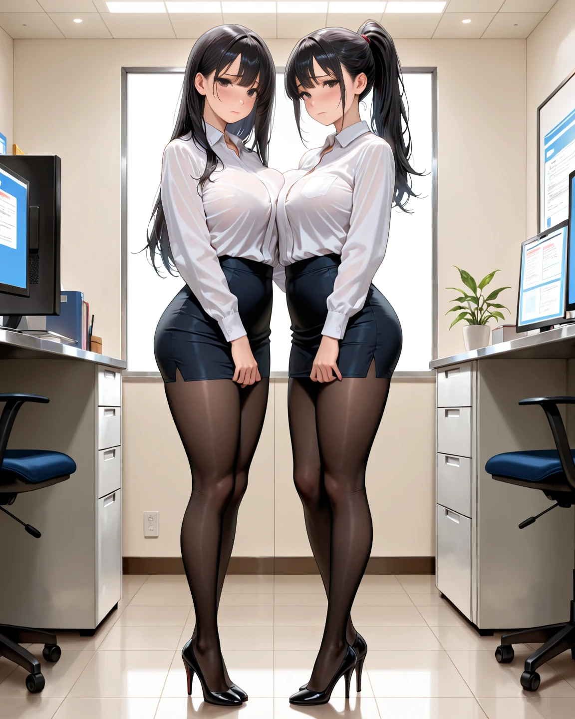 (solo 1 skinny girl standing in office:1.2), swaying back, (business suits:1.2), (bursting gigantic huge breasts:1.2), necktie, inconceivably thin waist, too short black skirt, thigh gap, highheels, nose blush, perfect anatomy
