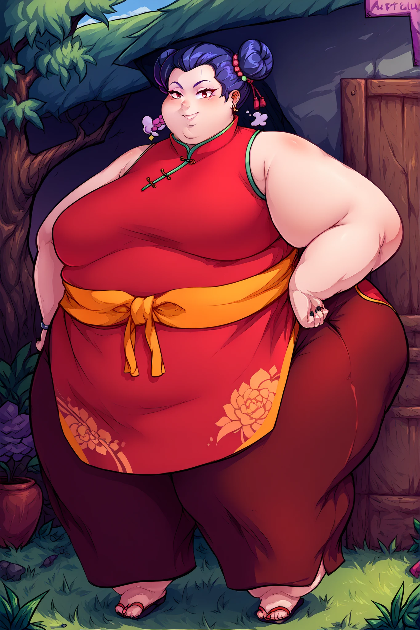 (masterpiece, best quality, high resolution, unity 8k wallpaper, extremely detailed CG:1), (illustration:1.0), 1girl,solo, Chinese clothes, sash, bare shoulders, pants, sleeveless,  full body, outdoors, smile