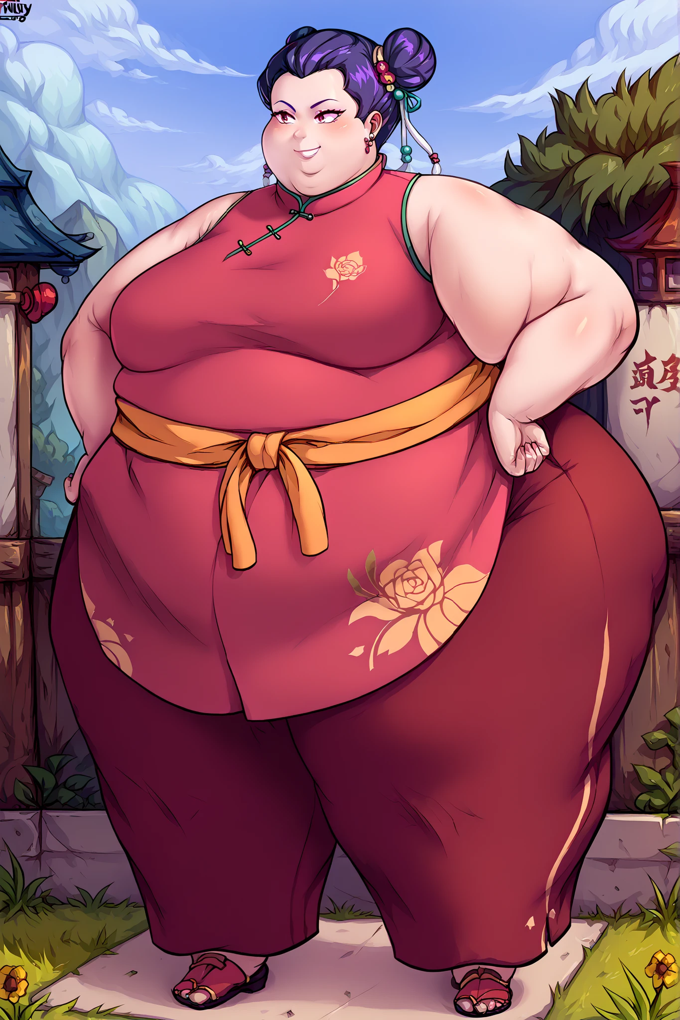 (masterpiece, best quality, high resolution, unity 8k wallpaper, extremely detailed CG:1), (illustration:1.0), 1girl,solo, Chinese clothes, sash, bare shoulders, pants, sleeveless, full body, outdoors, smile