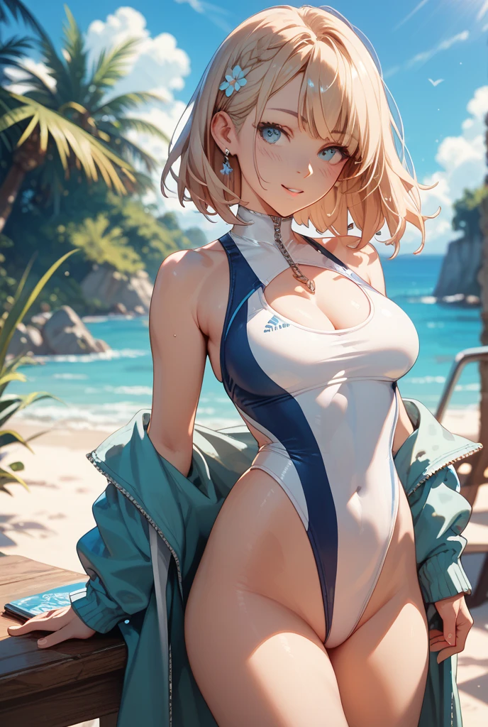 ((masterpiece, best quality, ultra-detailed, high resolution, extremely detailed CG, super detailed, Beautiful human body modeling, Most beautiful clean lighting)), 1 girl, Young looking girl, beautiful girl, cute girl and idol face, smile, shiny silver hair and short bob cut and ahoge, beautiful green, eyes, white skin, medium breasts, slender build, Small waist, Race queens, car racetracks, sports cars, red and white swimsuit-like outfits,