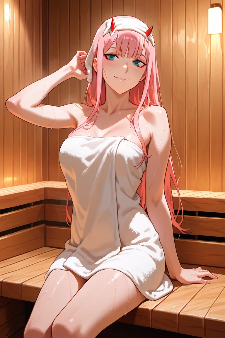 A girl (wearing towel, inside_sauna:1.3),best quality, masterpiece, illustration, an extremely delicate and beautiful, extremely detailed wallpaper, CG Unity wallpaper, extremely detailed, CG Unity, unit, 8k, incredible, with fine details, masterpiece, official art of the best quality 8k, CG Unity wallpaper absurd, absurd, incredibly absurd, size of huge, ultra-detailed, high-resolution, extremely detailed file, beautiful detailed girl, extremely detailed eyes and face, beautiful detailed eyes, (RAW photo, best quality), (realistic, photorealistic: 1.3), light on the face, full body, full body photo, ((face in the shape of a triangle)), (whitish pink hair: 1), long hair, (big and perfect eyes), ((puffy eyes)), ((small breasts)), (fantastic breasts)), (fantastic breasts)), (Idol of the Pop), (aegyo sal), bangs, thin, (posing), (smiling), happy, looking at the viewer, from front