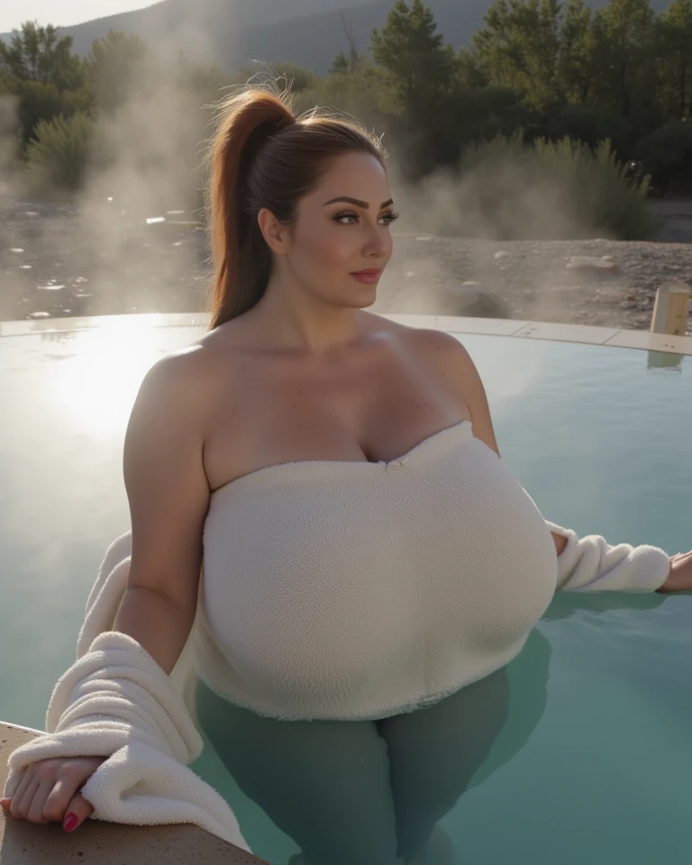 (Best quality, 4K, Masterpiece :1.3), Beautiful woman, Ultra photo realsisim, 1girll, (A sagging breast, areola, gigantic cleavage breasts, Attractive body :1.2, Milk is found all over the body and face), sit-ups :1.1, Long wavy red hair: 1.1, (Wet rain, Wet by rain, Wet body :1.2), Ultra-detailed face, Detailed lips, Detailed eyes, double eyelid, sensual low-necked dress, Open neckline, Hanging breasts, side pose, visible curves, pool-side, silver transparent mantle, muscular turned leg, Chubby body,, Push the breasts, Squeezed breasts, gigantic hip, Big buttocks, Thick thighs, Extreme hourglass characters, Seductive pose, plus-sized, Mom size, A MILF