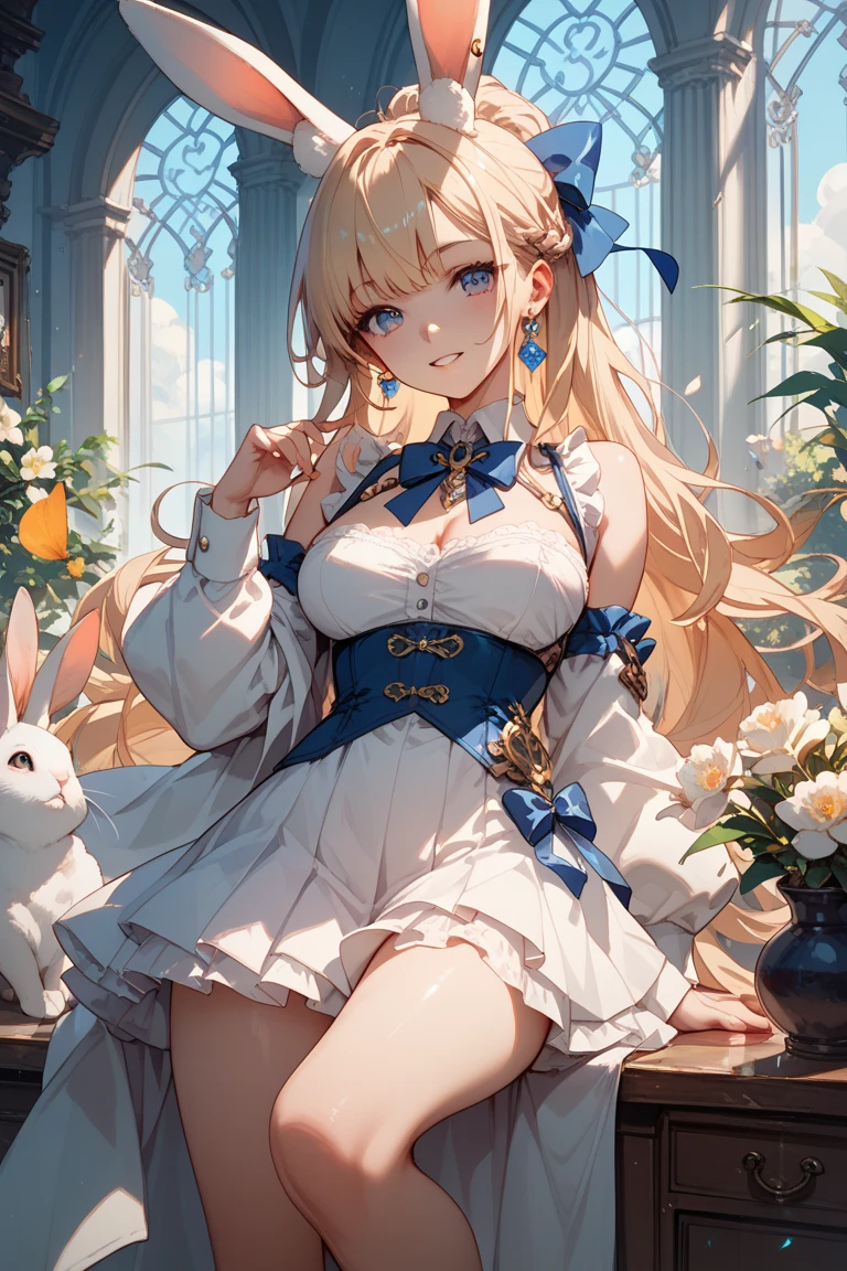 Very detailed , (beautiful eyes, seductive expression, blue and white tight dress, gray tight suspender lace-trimmed stockings, Solo,1girl, red eyes, full and symmetrical breasts, white blouse, Updo, hair pins, black block heels, light blonde long hair, earrings, heart collar, Rabbit, Viera, Masterpiece, Best Quality, Expressive eyes,