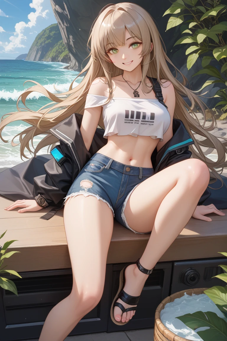 最high quality、best image quality、masterpiece、teenage girl((18-year-old、 By becoming、vest bust、medium bust,wide open breast tea、black eye, blonde hair、Habitual hair、long hair、thin,highest valley、blue shorts、attractive face、heart tattoo、black aloha shirt、physical education sitting、sweating、like、Stay close to your audience、leaning forward、hair blowing in the wind)),high quality、beautiful art、background((Hawaii、Waikiki、Palm tree、beach、sunset))debris flies、Depth of written boundary、movie、visual art、perfect art、8K,genuine
