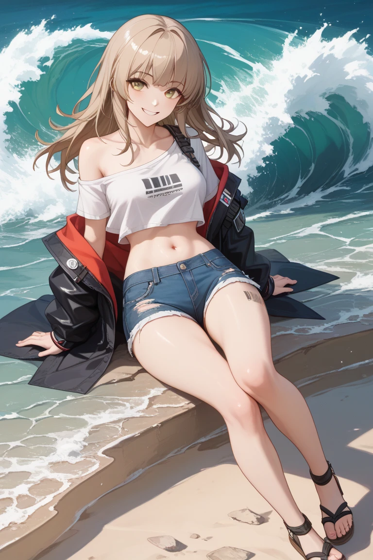 Tropical Dream Bud,Tropical Dream Bud sss Dynazenon ,Brown Hair,Long Hair,Green Eyes,smile,blush,Hibiscus hair accessory,Blue bikini swimsuit,barefoot,Oversized T-shirt,break outdoors, Beach,
break looking at viewer,whole body, (Cowboy Shot:1.5),
break (masterpiece:1.2), Highest quality, High resolution, unity 8k wallpaper, (figure:0.8), (Beautiful fine details:1.6), Highly detailed face, Perfect lighting, Highly detailed CG, (Perfect hands, Perfect Anatomy),