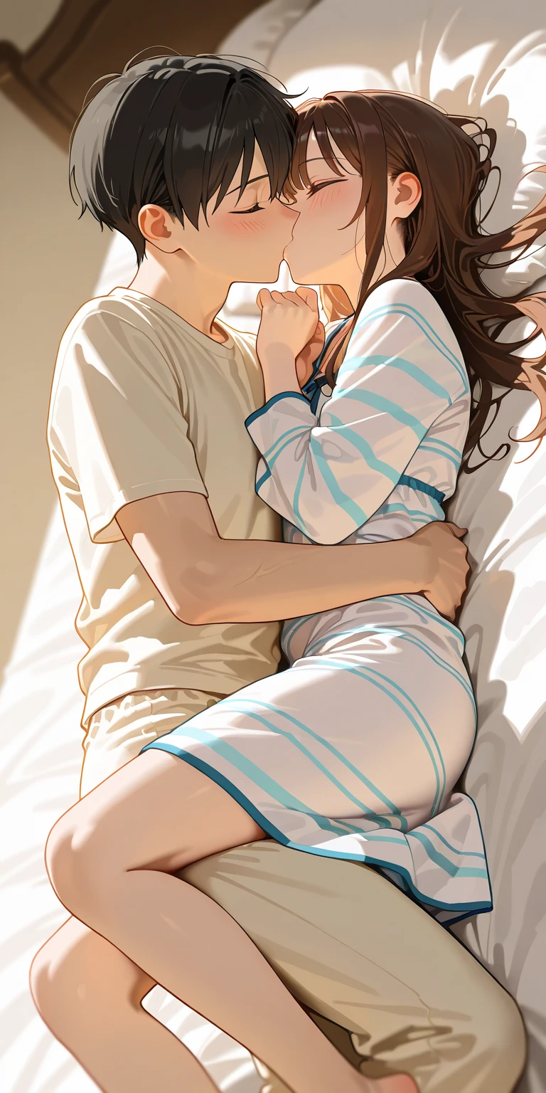 Girl and guy wearing glasses kissing on the bed with their clothes slightly open