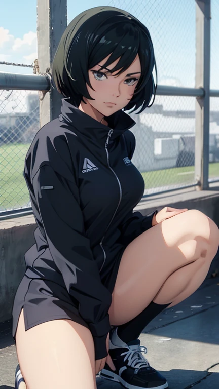 ((From above2.0,from side)),((Face focus2.0)),,Inside the sports gym,inside the dance studio,((sitting,extend her left leg)),One 16 years old girl,sweat,(dark skin color),short black hair,seductive smile,high-neck-leotard,((loose socks2.0)),((loose socks2.0)),sneaker.