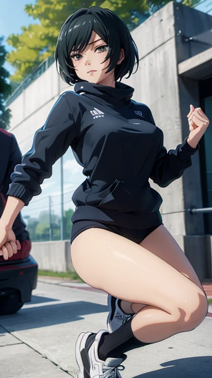 a beautiful 22-year-old woman, facing away from camera, wearing mini skirt, running shoes and halter top, long brunette hair, back to viewer, face not visible, not exposed, stands in a Portland, Oregon street blocked by protesters, looking away from viewer, beautiful autumn day, 8 k sensual lighting, warm lighting, 4k extremely photorealistic, cgsociety uhd 4k highly detailed, trending on cgstation
