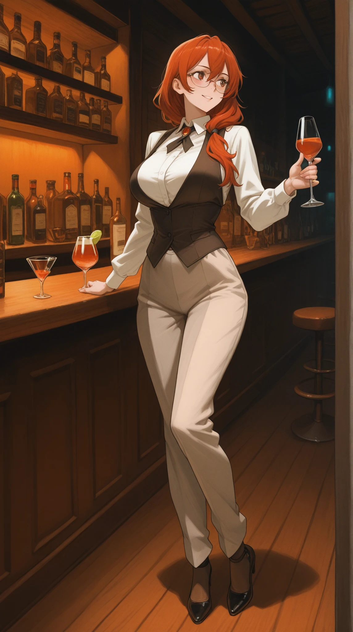 1girl, solo, short hair, gray hair, blue eyes, night dress, cleavage, leg cut, high heels, holding cup, lipstick, standing, smile, bar, indoors, anime screencap <lora:Shizuka XL:1>, score_9, score_8_up, score_7_up, score_6_up, score_5_up, score_4_up, BREAK source_anime, masterpiece