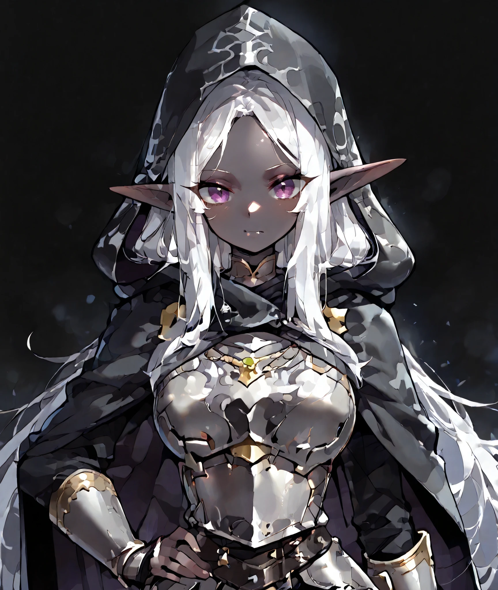 (score_9, score_8_up, score_7_up), anime, 1girl, elf, dark elf,, purple eyes, white hair, long hair, parted bangs, pointy ears, hand on hip, black cloak, black clothes, armour plates, hood off, closed mouth, innexpressive, fang, looking at viewer, black background, upper body, zoom out, Masterpiece, best quality, dark grey skin