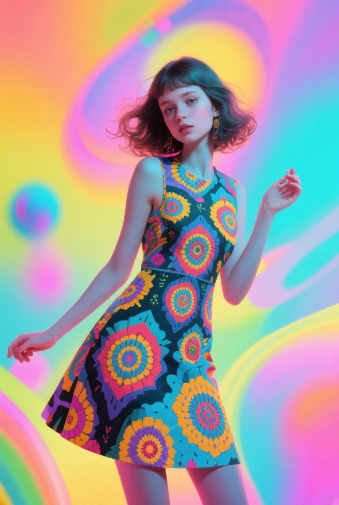 PhilippaGodson, ((1960s photograph, upper body, portrait, mod-inspired mini-dress with bold patterns, knee-high boots, chic bob or straight hair, vibrant 1960s backdrop)), vintage Polaroid Swinger, 75mm f/5.6, 1/60s, ISO 50, ((retro charm))