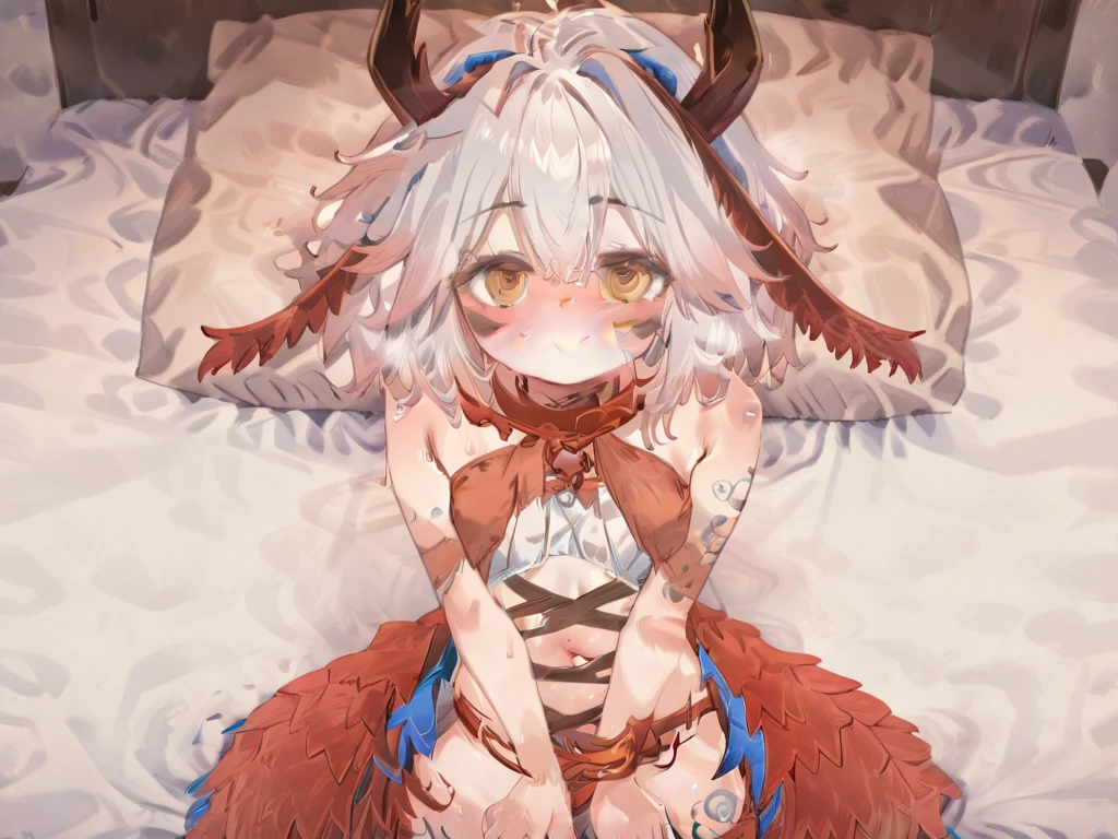 , child, flat chest, nude, naked, pointy ears, laying on the bed, on back, good eyes, smiling softly, perfect body ratio,