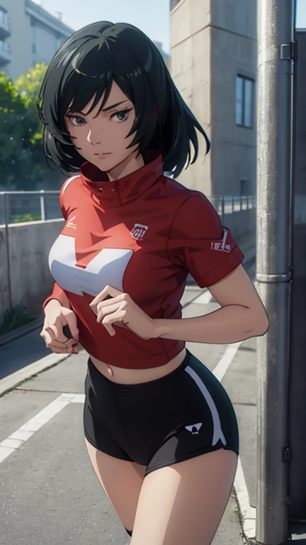1woman, sport bra, jogging alone, short hair, black hair, medium breasts, jacket