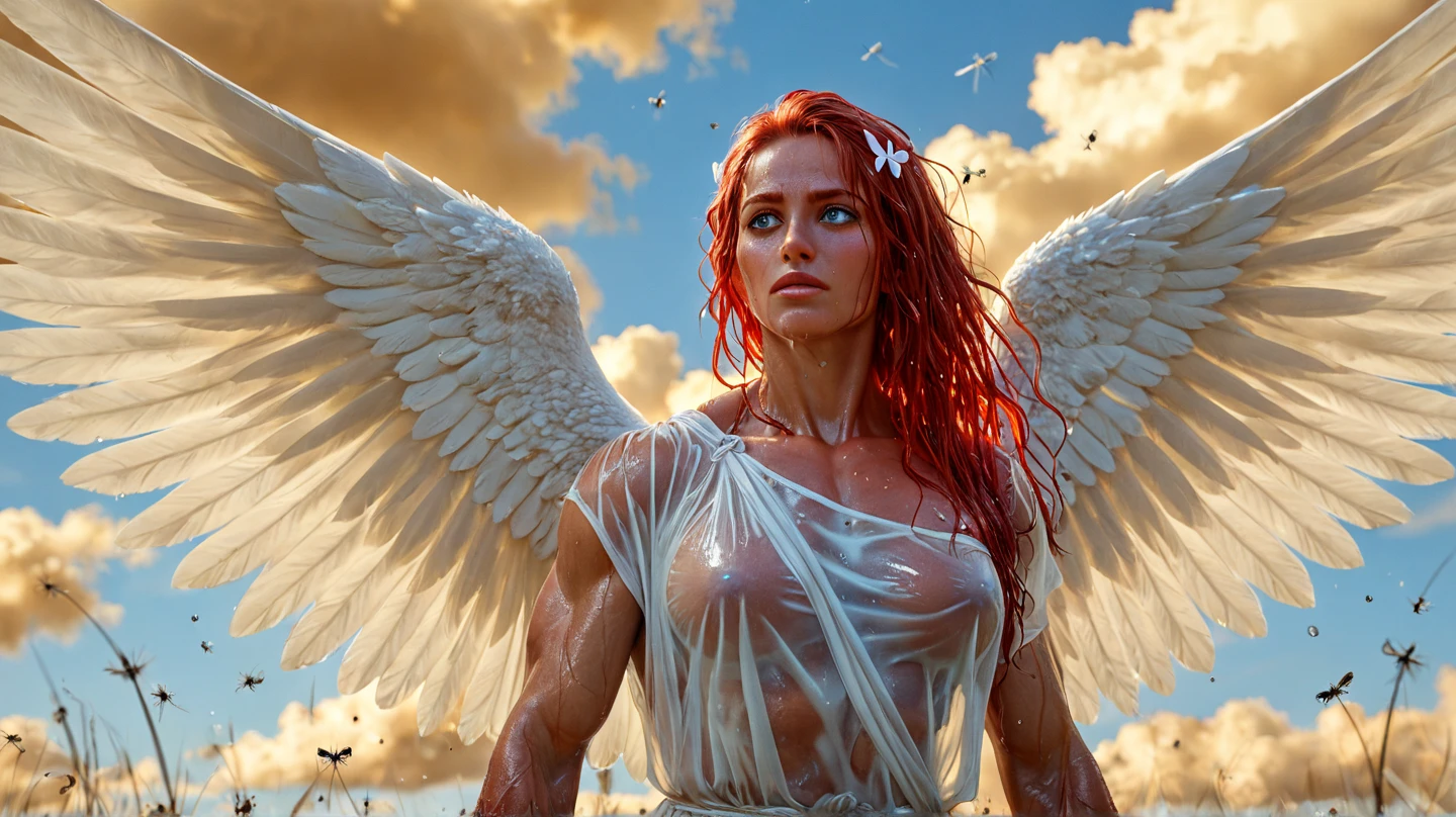 a striking naked valkyrie, a fierce and beautiful warrior woman, full body depiction, cascading fiery red hair that flows like molten lava, showcasing a muscular yet graceful athletic physique, adorned with elaborate, ethereal redangelic wings that shimmer with an otherworldly glow. Set against a backdrop of a stormy sky, intricate details in delicate line art, reminiscent of Art Nouveau illustrations, infused with hints of watercolor to evoke a sense of movement and emotion in the scene. oil painting, standingspreadeagle