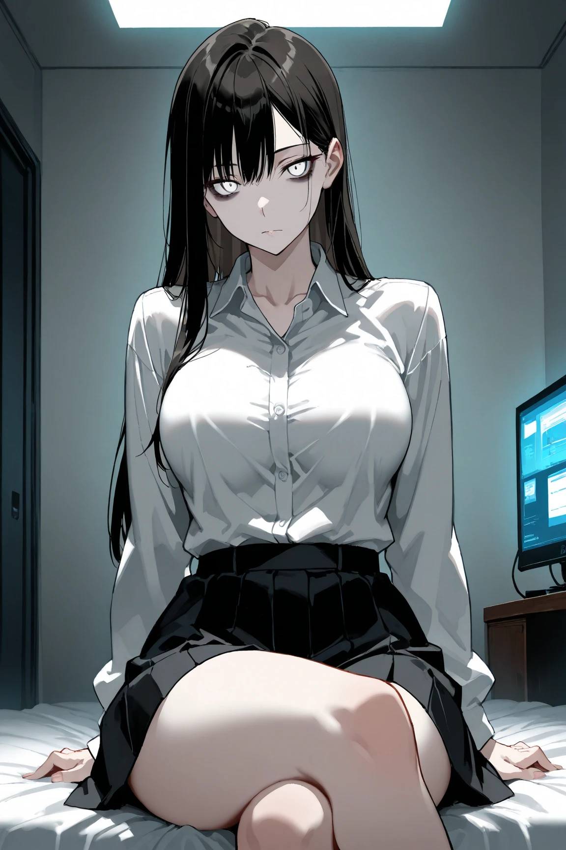 8K, Mouthpiece, ((One beautiful woman)),((Death Note Drawing)), L Female Body Solo, ((One beautiful woman)), ((Iris)), Long Hair, Black Hair, White T-shirt reading a book