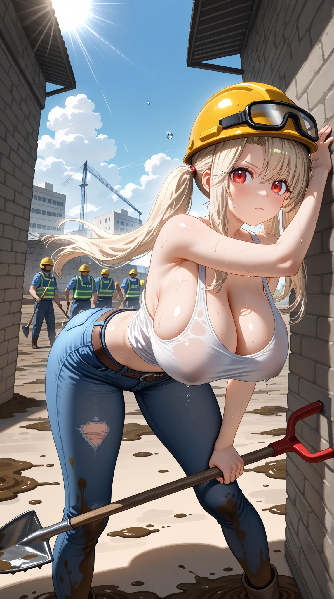 ((topless)), nsfw, masterpiece, 1 girl, erect nipples, intricately detailed, navel, bare shoulders, blonde hair, hard hat, construction site, towel on neck, wiping sweat, baggy pants, cargo pants, extremely detailed, bare breasts, puffy nipples, blue eyes, bare stomach, sweaty, medium breasts, arm strap, cowboy shot, holding sledgehammer, , chain, soft eyes, smiling, day, belt, rubble, short hair, open mouth, hairband
