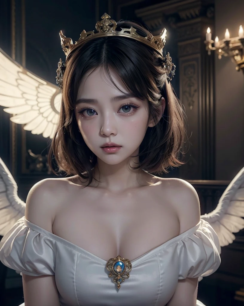 20 yo european female as (((goddess))) looking up at the sky, (dark brown short straight hair with bangs, almond eyes, brown large eyes, small face, cute face, mole under mouth), battler, masterpiece, best quality, intricate details, full body, portrait, bokeh, (fair skin, pale skin, real skin, high detailed skin texture, abs, saggy boobs, natural huge breast, slim body, skinny, very thin waist), (bio mechanized endoskeleton transparent body with intricate details Rainbow Neon lighting pattern, with angel wings), ((night view, snow, reflection, holding A large magic wand with intricate decorations)), (in full color space universe background, milky way, Lens flare)