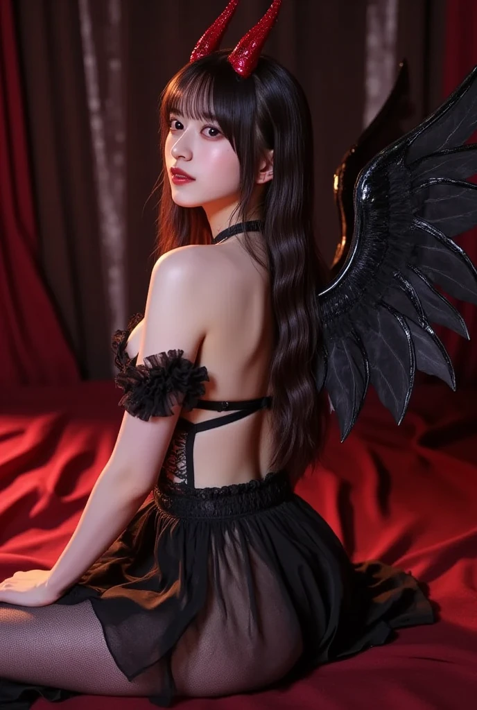8k, RAW Photos, Realistic, (Detailed skin, highest quality:1.2), Seductive Succubus, (Black wings), With black angel wings、Japanese age girl flying high in the evening sky, ((Black evening dress, Black lace dress)), (((Flat Chest:1.4))), (Light blonde hair, Long Straight Hair), (Beautiful face, Pale skin), Full Body Shot, A translucent black cloth is wrapped around the body., Thighs, Sunset sky high, Sunset Light