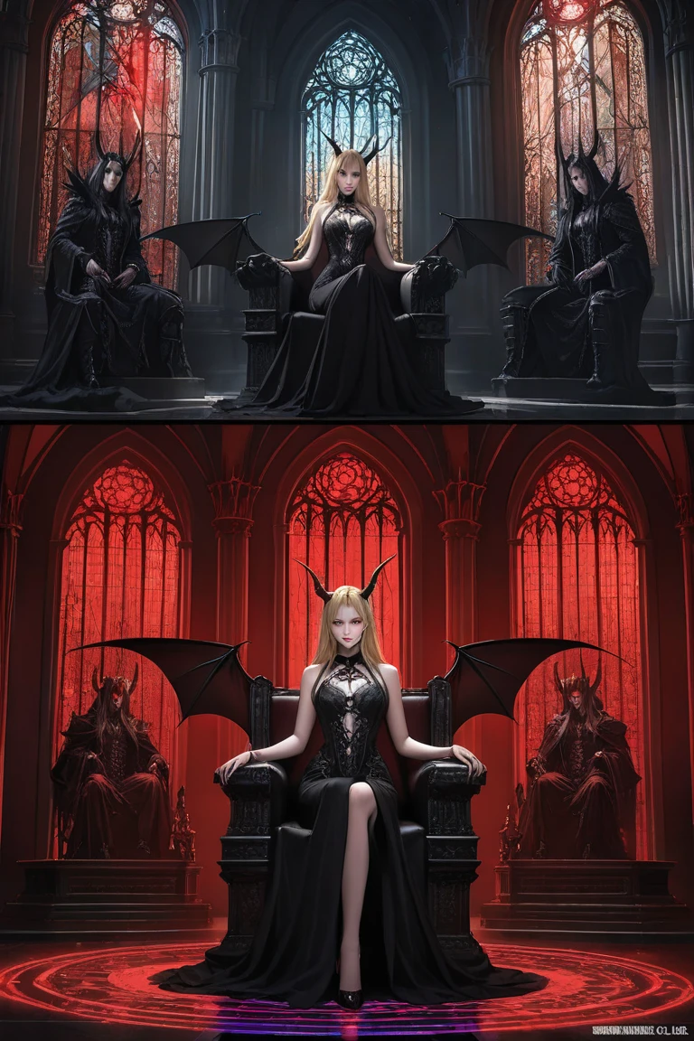 (8k, 16k, award-winning, highest quality, high resolution, intricately detailed, highly detailed, anatomically correct), cinematic lighting, (The Devil Whispers in a Woman's Ear: 1.4), The Devil is a Woman A sly face, a nihilistic smile, a two-shot, a woman and a devil, a woman in a suit, a horned devil whispering in the woman's ear, and a devil with wings, whispering in the woman's ear. speak in