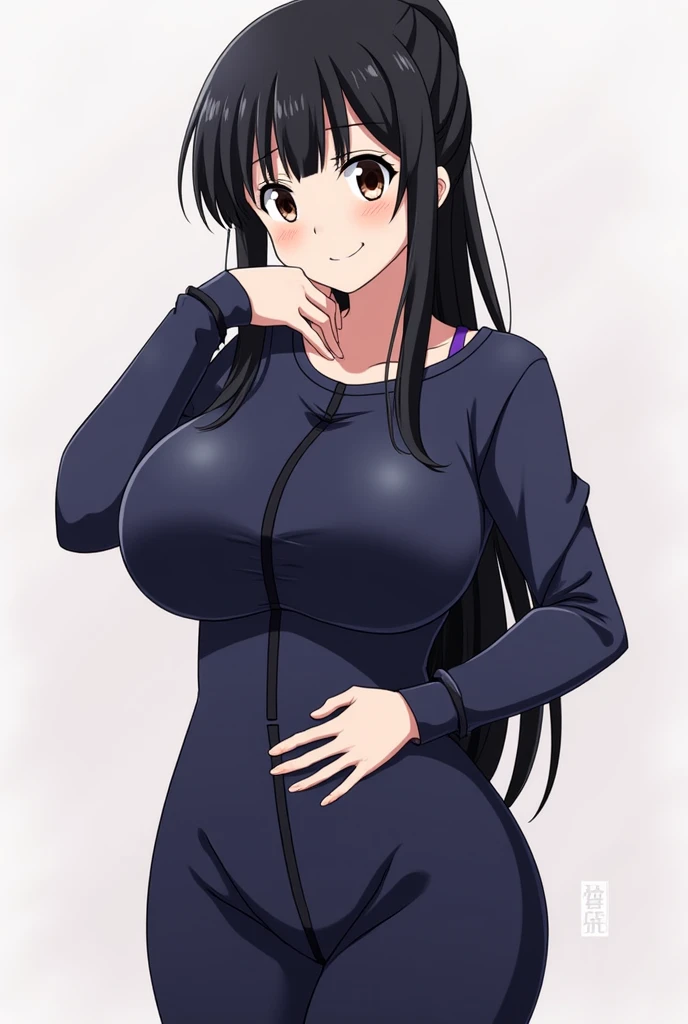masterpiece, best quality, 1girl, takizawa, solo, black eyes, black hair, single hair bun, blush, upper body, armpits, arms behind head, arms up, breasts, earrings, looking at viewer, mature female, mole under mouth, sleeveless, sweatdrop, sweater, turtleneck, white background, shorts, volleyball uniform