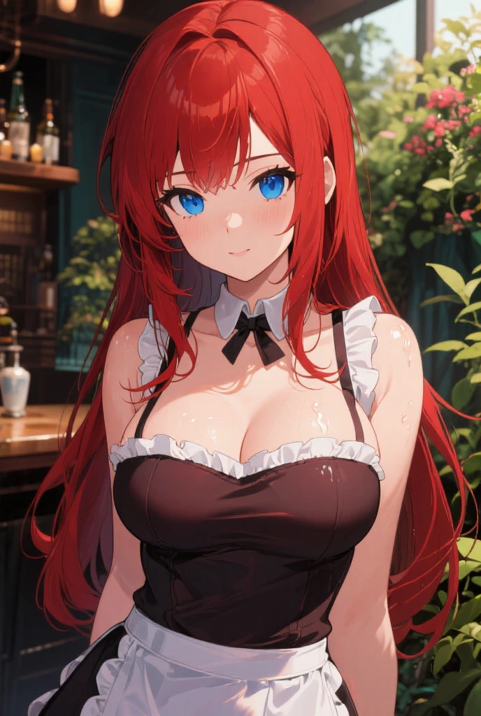erzascarlet, red hair, brown eyes, 1girl, solo, breasts, looking at viewer, blush, large breasts, nature, pond, trees, park, long white elbow satin gloves, holding, animal ears, cleavage, bare shoulders, jewelry, very long hair, gentle smile, pantyhose, earrings, rabbit ears, leotard, fake animal ears, playboy bunny