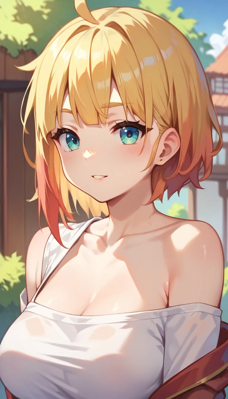 Evening Shrine、Good looking girl (blush, Perfect Face), independent , Looking at the camera, masterpiece, Anime art style, Cute Characters, Most detailed, high quality、Nico Nico Smile、There are highlights on the eyes、Blonde、The whole body is visible、Regular costume、There is a festival