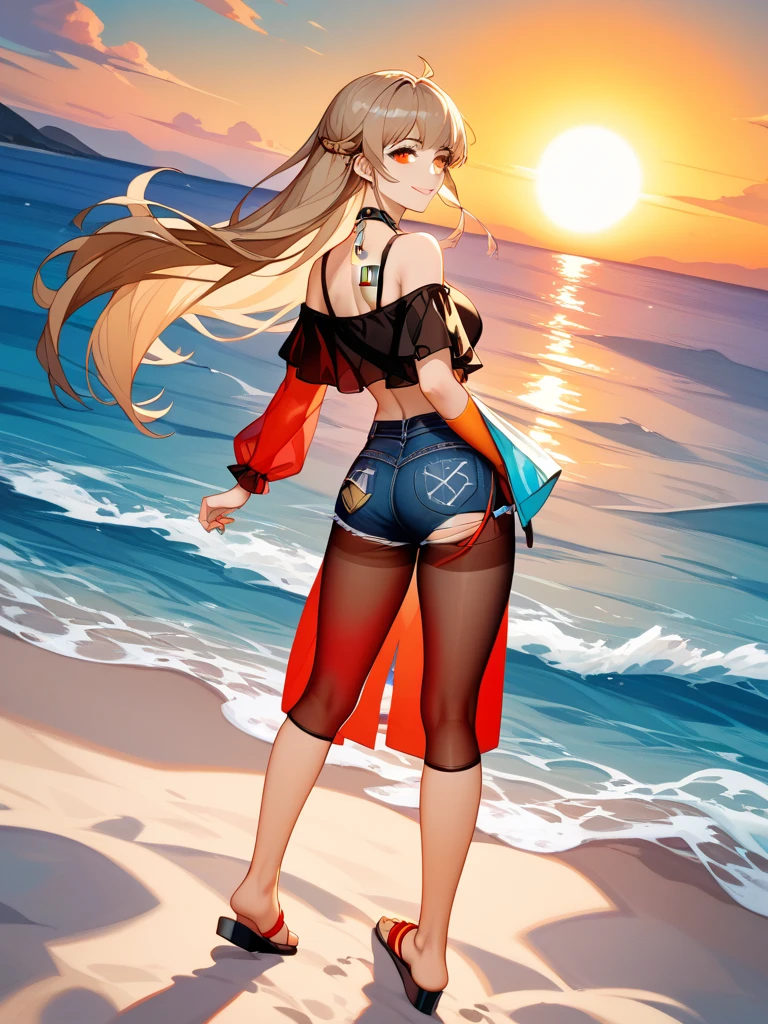 ((masterpiece,best quality)), 1girl, (:1.3), solo, long hair, very long hair, looking at viewer, small breasts, braid, ahoge, hairband, fruit, side braid, iris, hair ornament, grape hair ornament, standing, (cute bikini, bikini on beach), (beach background), from below, ass focused