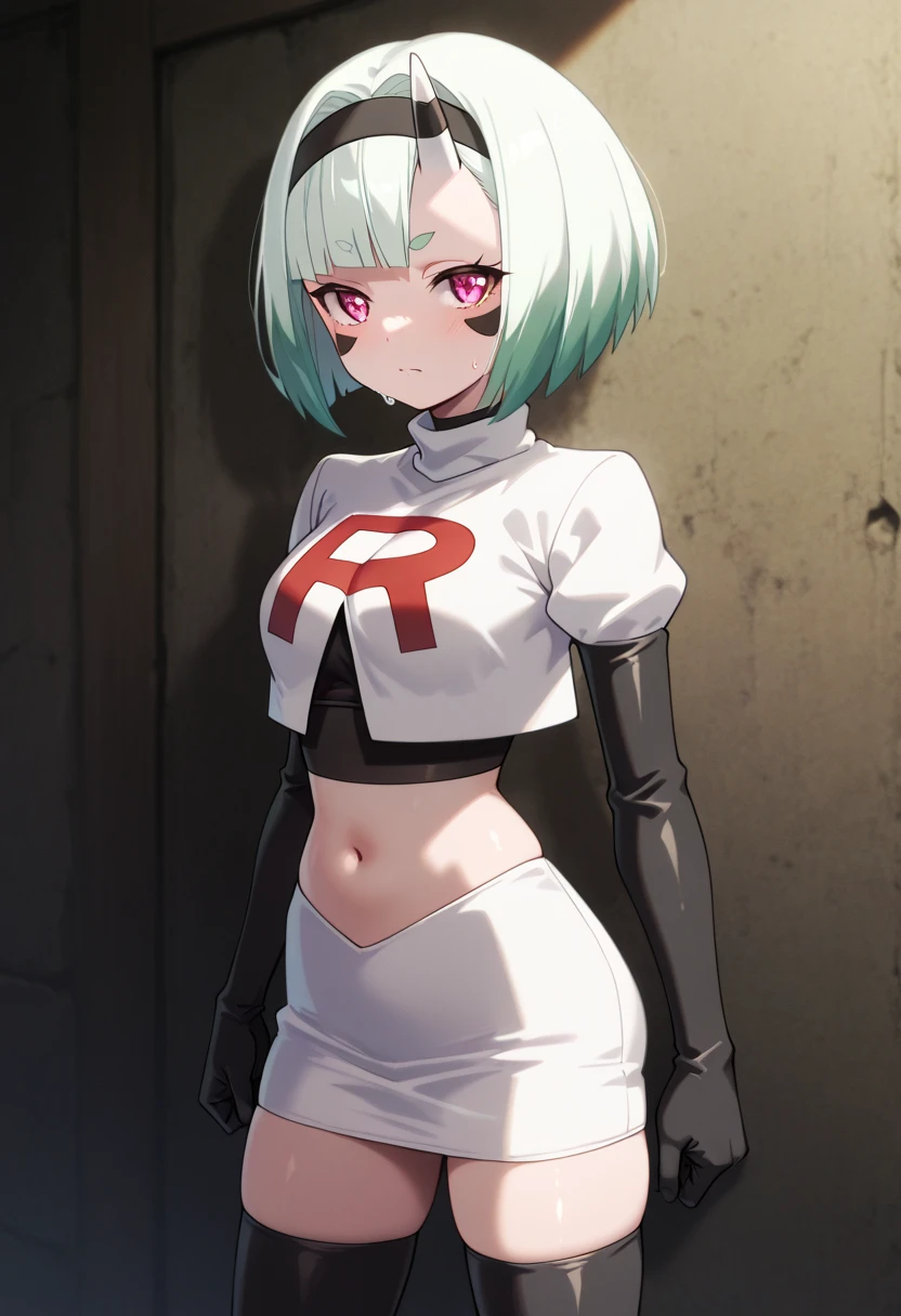 (extremely detailed CG unity 8k wallpaper), (masterpiece), (best quality), (ultra-detailed), (best illustration), (best shadow), (absurdres), druj, 1girl, green hair, hair over one eye, team rocket,team rocket uniform,white skirt,red letter R,crop top,black thigh-highs,black elbow gloves