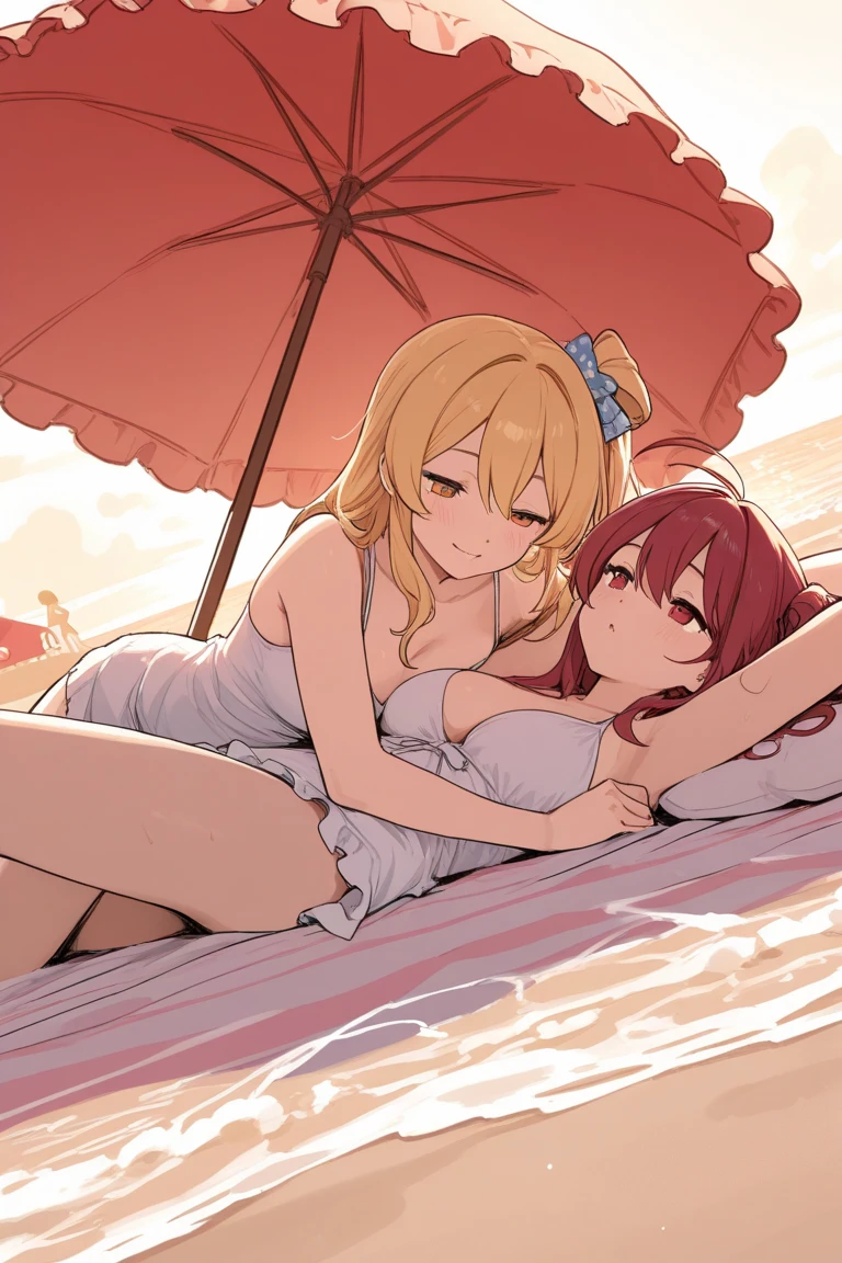 2girls,in a bikini,Complex design,Lots of details,k hd,Cuddle together,Lie down in bed,is shy