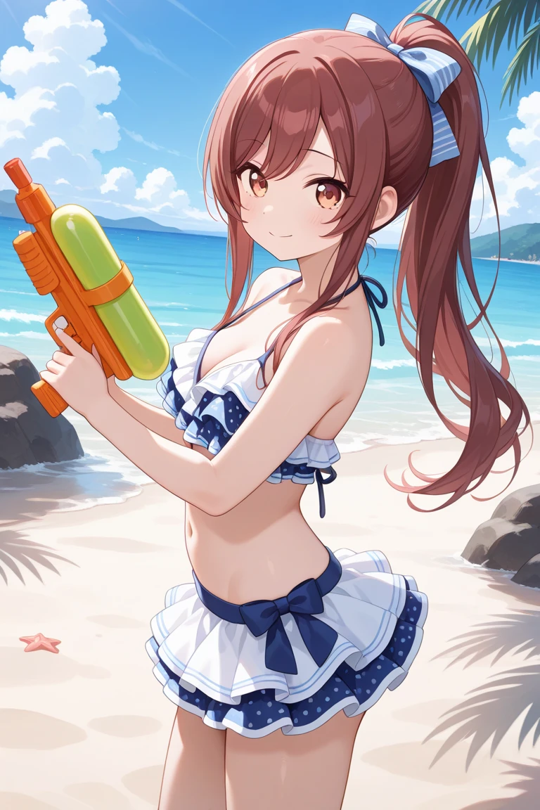 standing with one knee raised,A girl on the beach,Ready your watergun,Take aim with a watergun,Sandal