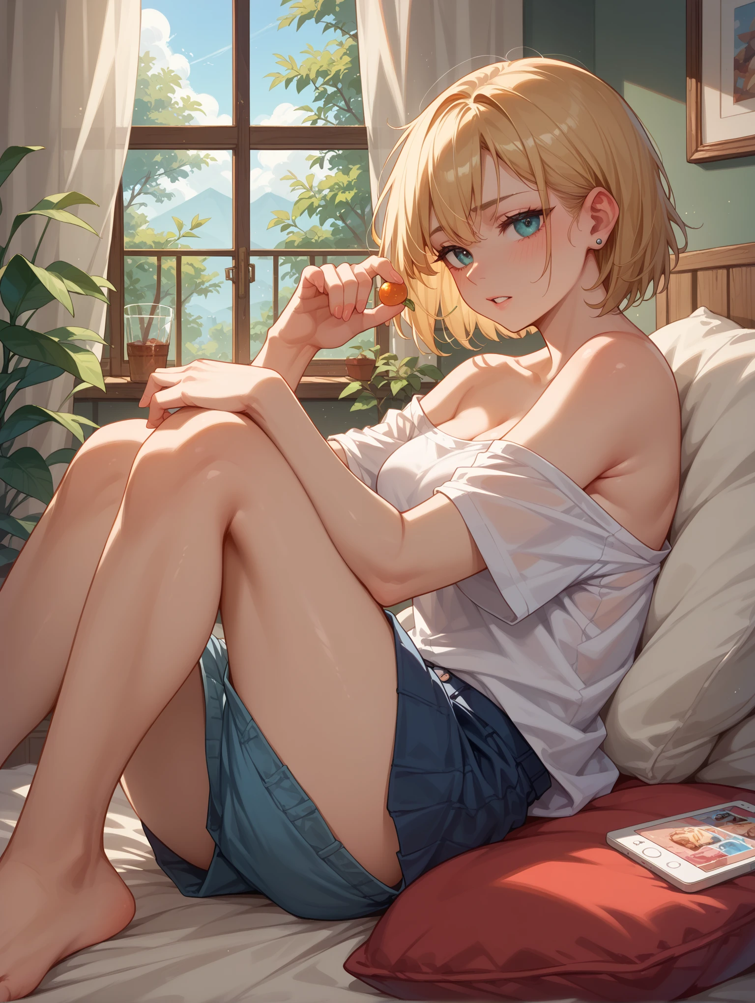 (masterpiece, best quality:1.2), full body, solo, Android 18 from Dragon Ball, ((pink string panties, long yukata, japanese sandals, spread legs, beautiful butt)), small breasts, short blonde hair loose, ((close eyes)), (wearing glasses), earrings on earlobes, slender feminine figure, skinny body, cleavage, light blush, chill, organized, simple, white-based interior, a few plants, cloudy sky, terrace, magnificent view, blur background, 4K, on the cute chair, (pale blue chair), midriff-baring, beautiful armpits, arms up behind, pantyshot,