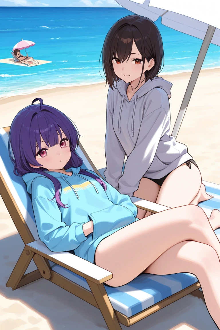 32k, best quality, ultra high res, HDR, UHD, extremely detailed CG, unity 32k wallpaper, very cute, 16-year-old girls, 3 person, Purple eyes, ((black competitive swimsuit)), Beach, black long hair, (large breasts), (Laugh shyly), ((Lie down on a picnic sheet)),
