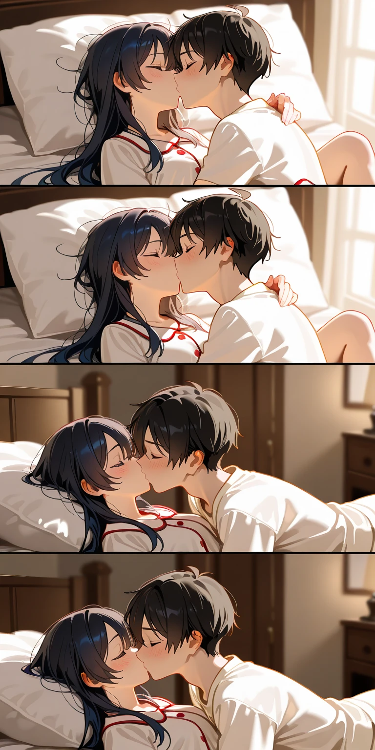 shinkai makoto, kimi no na wa., 1girl, 1boy, bangs, black hair, blush, Suspender Clothes, red bow, red headband, red ribbon, short hair, cute, heart, love, couple, romance,, adorable, short sleeves, dating, deep kiss, tongue kiss, saliva, closed eyes, atmosphere of love, night, nightview, sparkle, indoors, bracelet, passionate hug, lying down, bed, pillow, buzzcut, breast, bra, panties