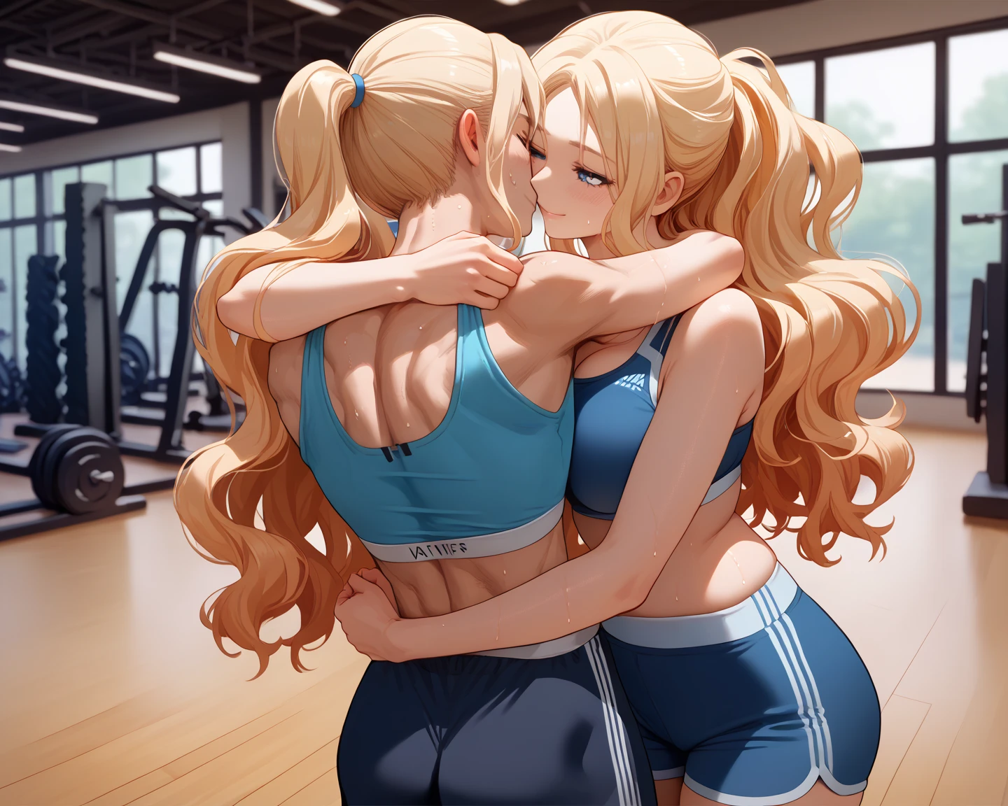 Chica lesbiana en el gym con traje escolar,big breasts and big ass while sweating she is kissing with another girl