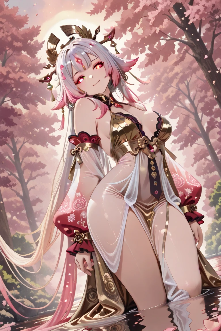 full body, solo, 1girl, look up to, smile, blush, large breasts, backlighting, Tassel flower \(flower\), floral background <lora:Kincora_style_v03.1:1>