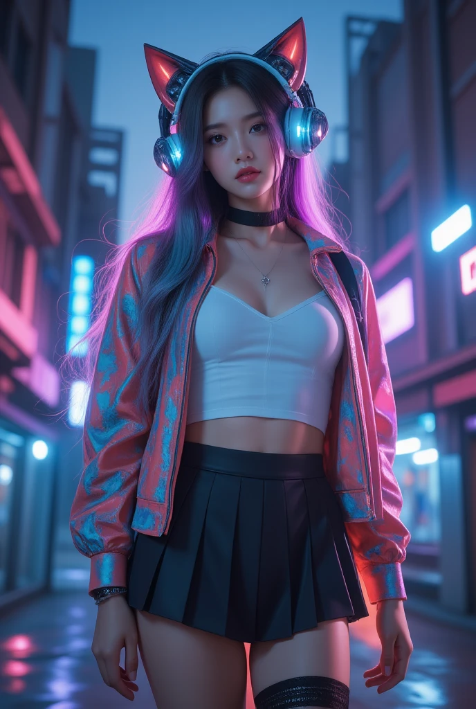 masterpiece, woman , dynamic, kpopIDOL, promotional photo, raise hand, shout, kiss, face close, downtown, hustle, impressive eyes, fine skin texture, confident lol, overhead view, strabismus, strabismus, strabismus, high resolution, profoto, street corner, crotch, red, sheer jacket with cleavage zipper, string sport mini skirt, spotlight, rock singer, rainbow hair,, navel, straight hair, hands in pockets, Headphones, Long Hair, Tattoo
