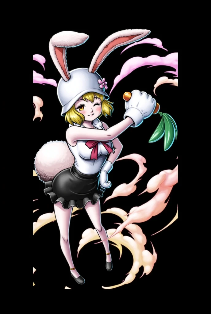 ((Highest quality,,masterpiece:1.3)), Sharp focus:1.2,Pretty woman with perfect figure:1.4,(((((Big cleavage))),(Incredibly large breasts:1.5),Straight hair、Hair blowing in the wind(Big Hips),smile,Thin abdominal muscles:1.2,((Pink Hair:1.4)),Highly deしっぽed face and skin texture,etailed Eyes,double eyelid、/ (Wear a white top over a black Playboy_Bunny Leotard:1.3), (Top and bottom separated clothing:1.2), (Short sleeve:1.1), ((Yellow Bunny Girl Costume:1.8)), (Black fishnet stockings:1.2), High heels, ((Rabbit's Tail:1.2, Bunny ears)), (Handsome Short Hair:1.3)
