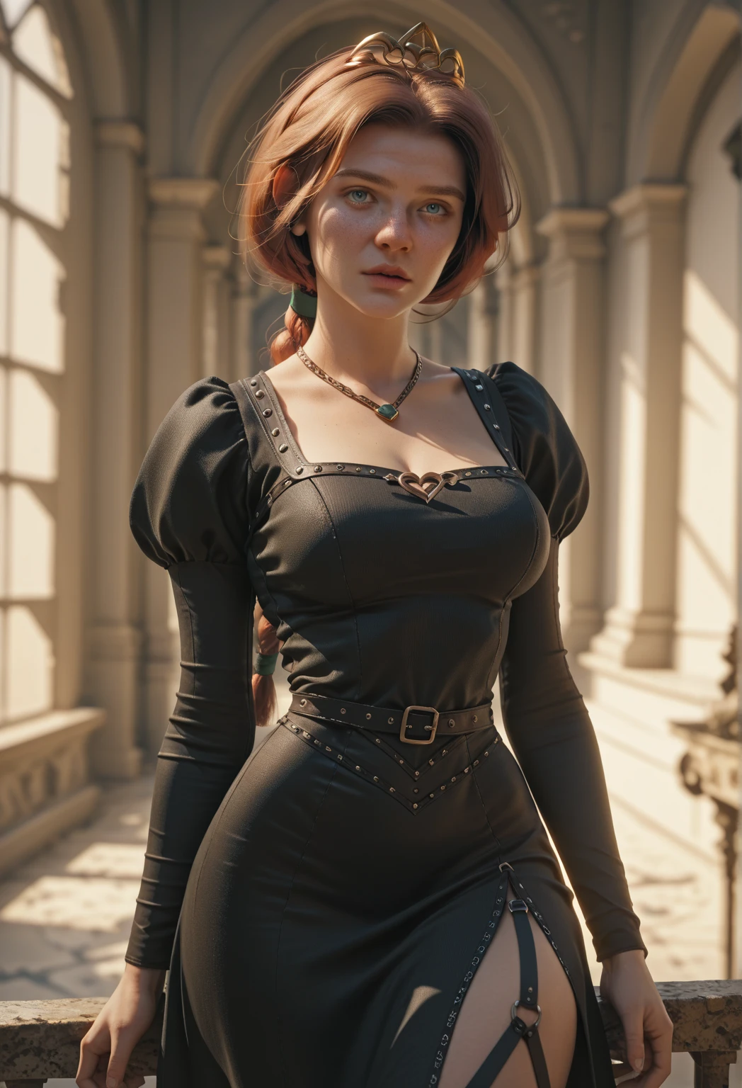 ((best quality)), ((masterpiece)), (detailed), perfect face
Elizabeth Woodley's lithe figure is modestly attired in a simple gray wool dress with a high collar and long sleeves, befitting her position as governess. Her chestnut hair is neatly parted in the middle and swept back into a low chignon, adorned with a plain black snood. Though her attire is unadorned, Elizabeth's natural beauty shines through in her warm hazel eyes and clear complexion. Her gentle demeanor is evident in her soft smile and graceful movements, while her intelligence gleams in her observant gaze. A small cameo brooch, her sole ornament, hints at her refined taste despite her humble circumstances.