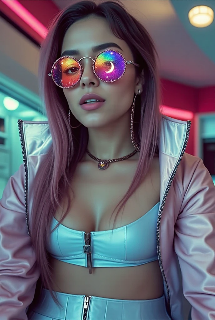 European girl with tint sunglasses Pink hair, in a photo shouting room, attractive lips, stunningly beautiful woman, posing like a professional model, feminine form, stunningly gorgeous, flirty and playful, film photography, extreme detail, 4k, ultra hd hyperrealism, trending on artstation, polished, photorealistic, backlight, hair light, 8k ultra hd. 23 years oldPerfect body , Full body clothed view, Tall ,detailed skin, skin texture), ((purple )) bikini top ), small breast , small tits , pastel dark pink very long hair, pink twintail hair , , ((( black background))), (detailed skin, skin texture) ,Highest-quality , High Detailed photo ,((tint sunglasses))