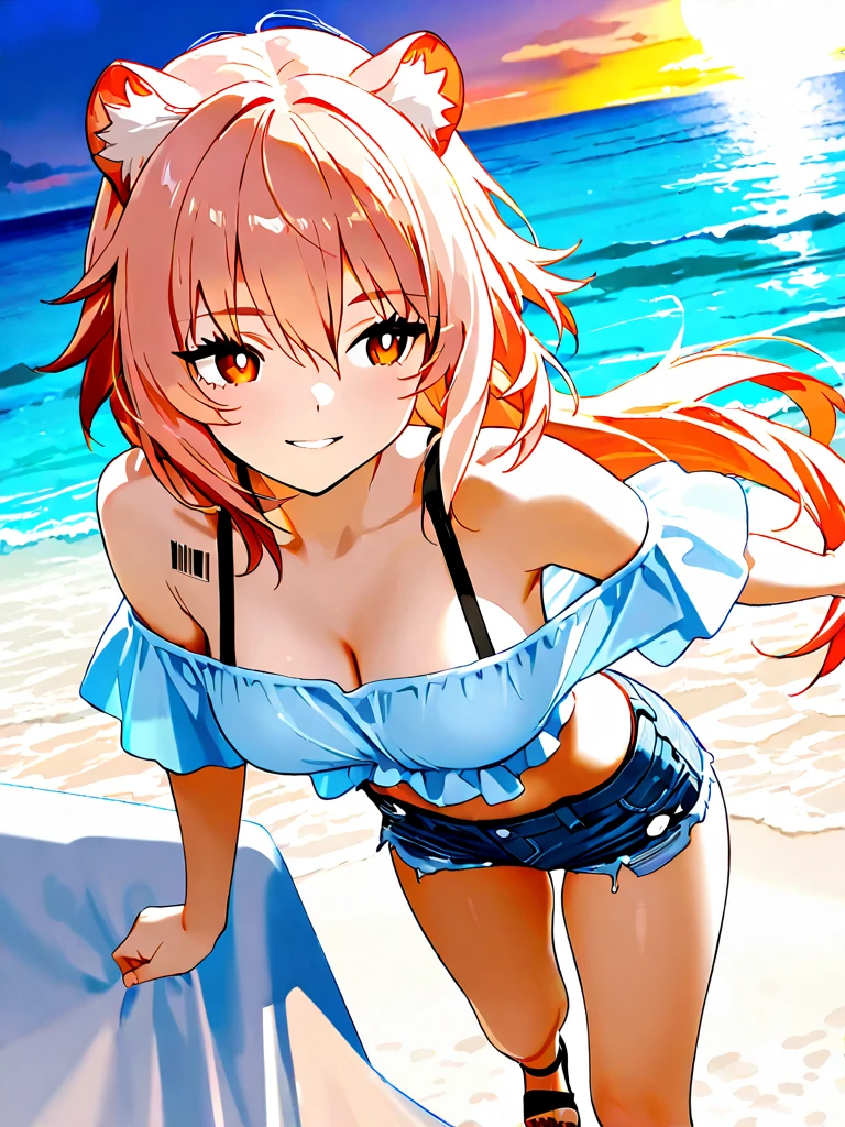 furry girl, cat, red hair, bangs, long ponytail, medium breasts, blue eyes, ((red vest, open clothes, yellow bikini, purple skirt, princess crown)), high quality, detailed body, detailed eyes, detailed face, masterpiece, glistening body, detailed body fur, best quality, two tone body, pink fur, clear pink fur, perfect lighting, perfect shadows, perfect eyes, perfect hair, perfect face, gorgeous body, beach, clear sky, :3, solo,
