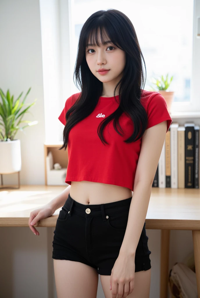 (masterpiece), (extremely intricate:1.3),, (realistic), inkekirei in Red ((red long pant)), Clear facial features, black hair, Happy, in front of white flat color background, the most beautiful in the world, full body, photo studios, professional photograph of a stunning woman detailed, detailed face, eyes to the camera, sharp focus, dramatic, award winning, cinematic lighting, octane render, realistic, volumetrics dtx, (film grain, bokeh, blurry foreground, blurry background),