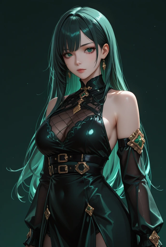 8K, Ultra High Definition, Super detailed, Shiny detailed hair, detailed face, fantasy landscape, solo, looking at viewer, {{best quality}}, {{masterpiece}}, {{ultra-detailed}}, {detailed light}, ultra high quality eyes, detailed eyes, perfect eyes, large eyes, detailed green eyes, red glasses, black and green hair, long hair, tied hair, adorned hair, beautiful, skinny body, white skin, slutty, erotic, suggestive, standing, in a sexy purple-metallic sequin party dress, ((nsfw))