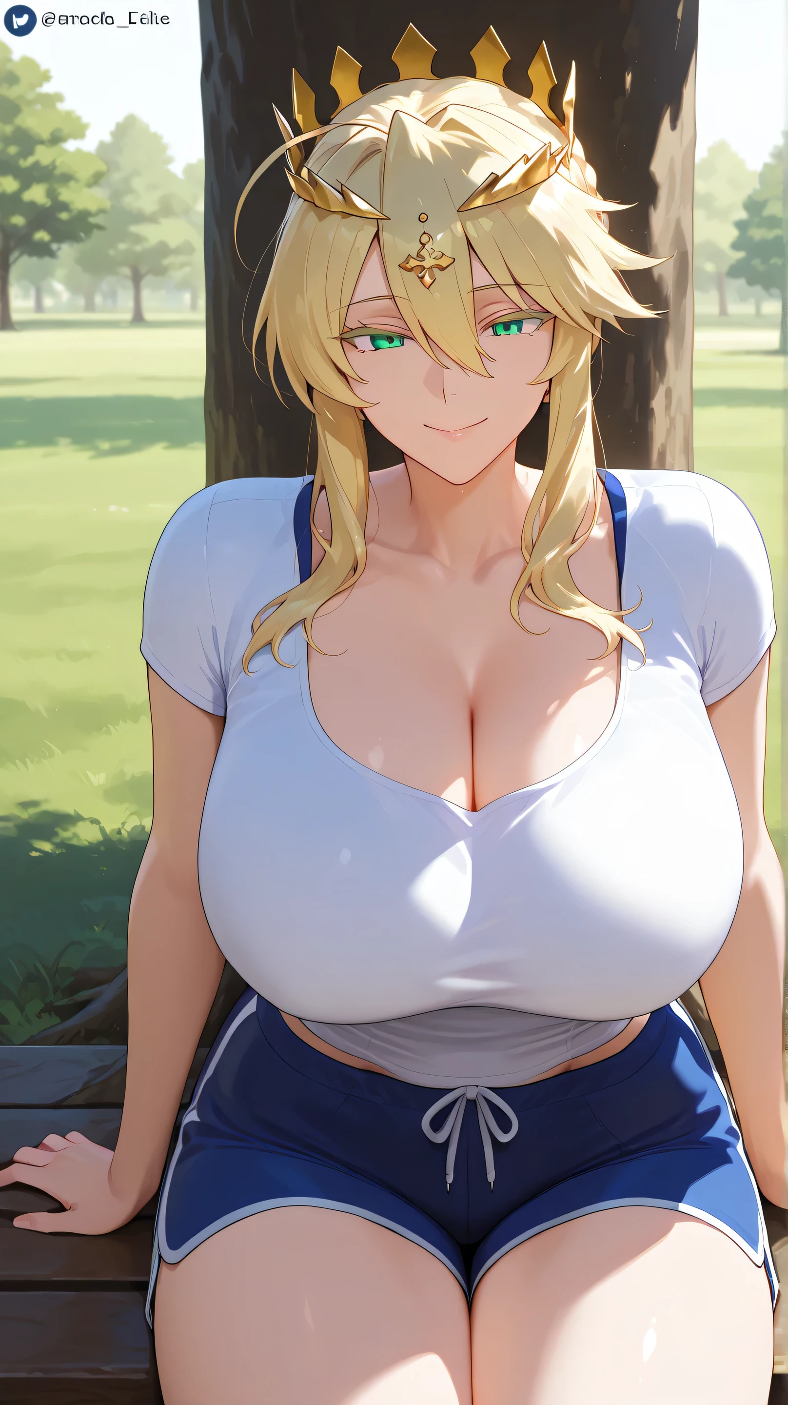 Artoria Pendragon Lancer,a mature woman,emerald eyes, golden crown,pronounced neckline, friendly smile, fun expression, blue sports shorts,white sports t-shirt,Sitting under a tree in a park.