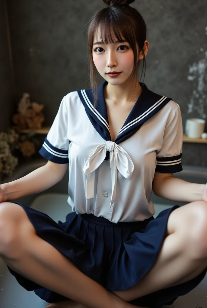 nsfw, vagina, bottomless、Sailor suit、Front facing、Undressing、Pulling down her white panties、Panties that are about to be taken off、bottomless、Short pigtails、Small breasts、Looking down、I can see her pussy、Leaning forward